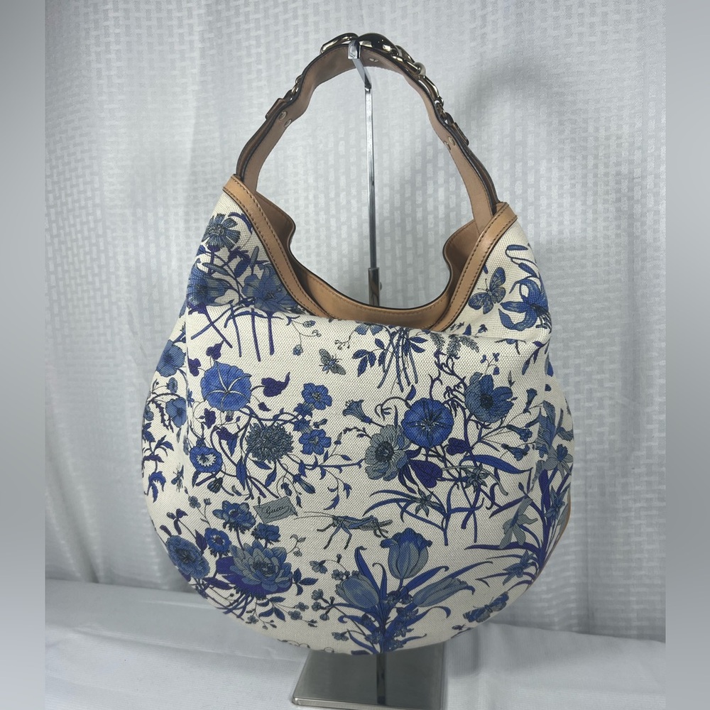 3179: Gucci Flora Jackie Hobo Bag Canvas Blue Floral Tan Leather Trim